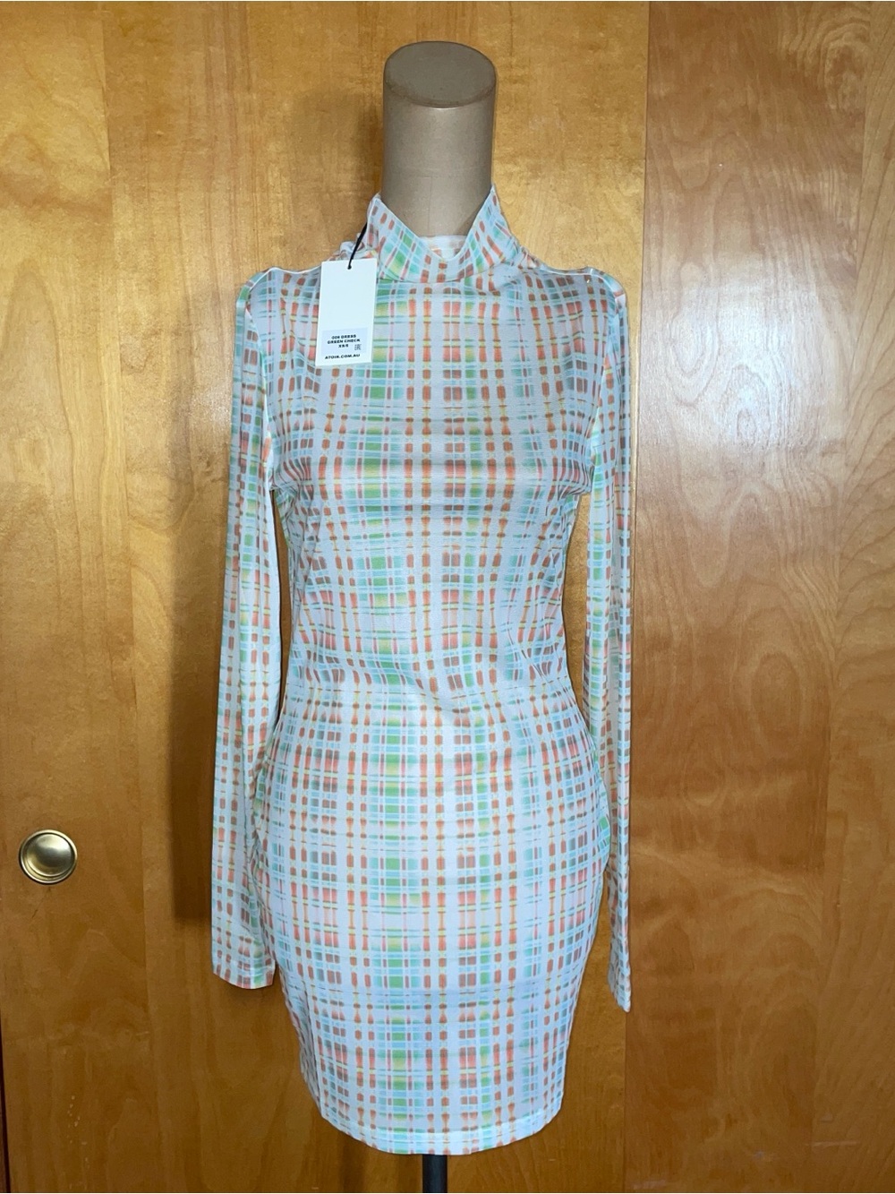 Atoir Pastel Plaid High-Neck Long Sleeve Dress -sheer